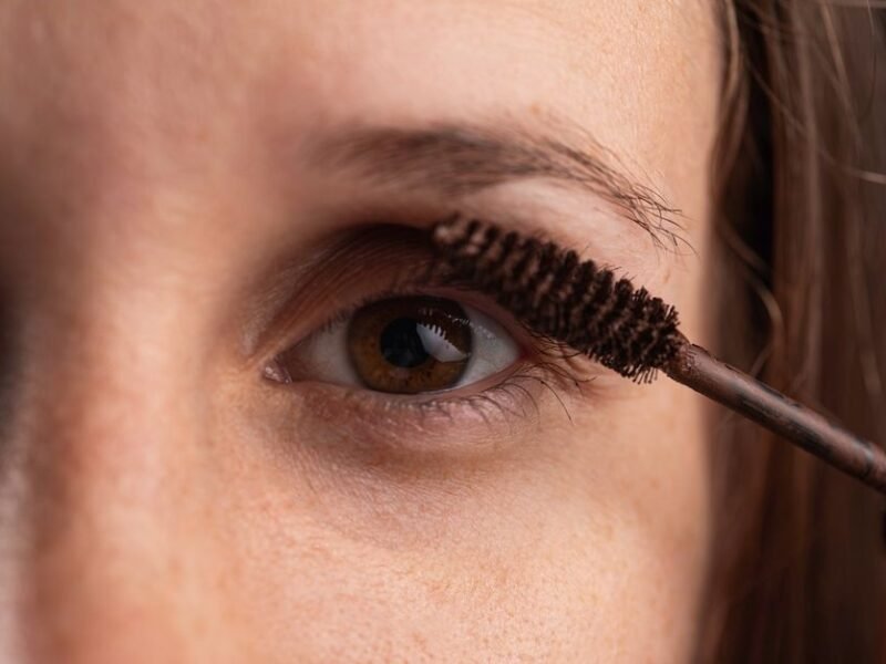 Close-up of a wand applying lash product along the upper lash line