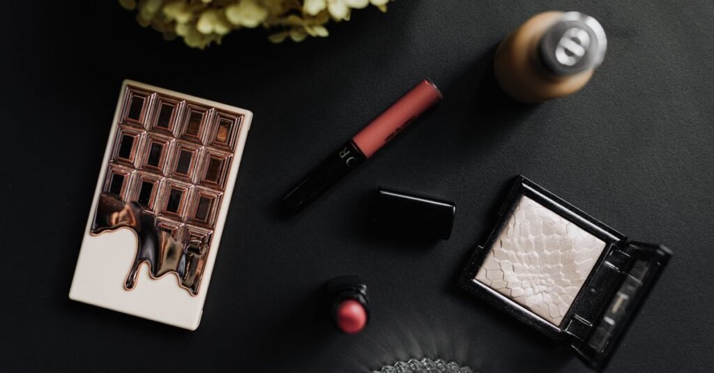 Elegant dark vanity flat lay of makeup essentials
