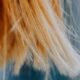 Bleached hair with frayed dry ends against a blue background