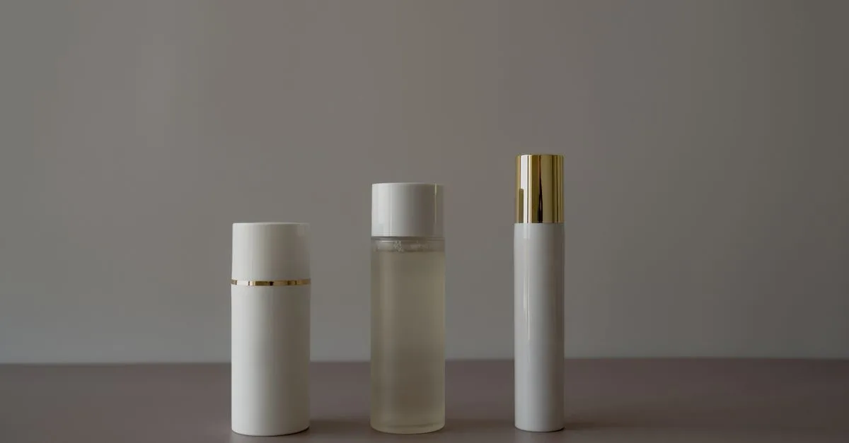 Three minimal unbranded skincare bottles on a neutral background