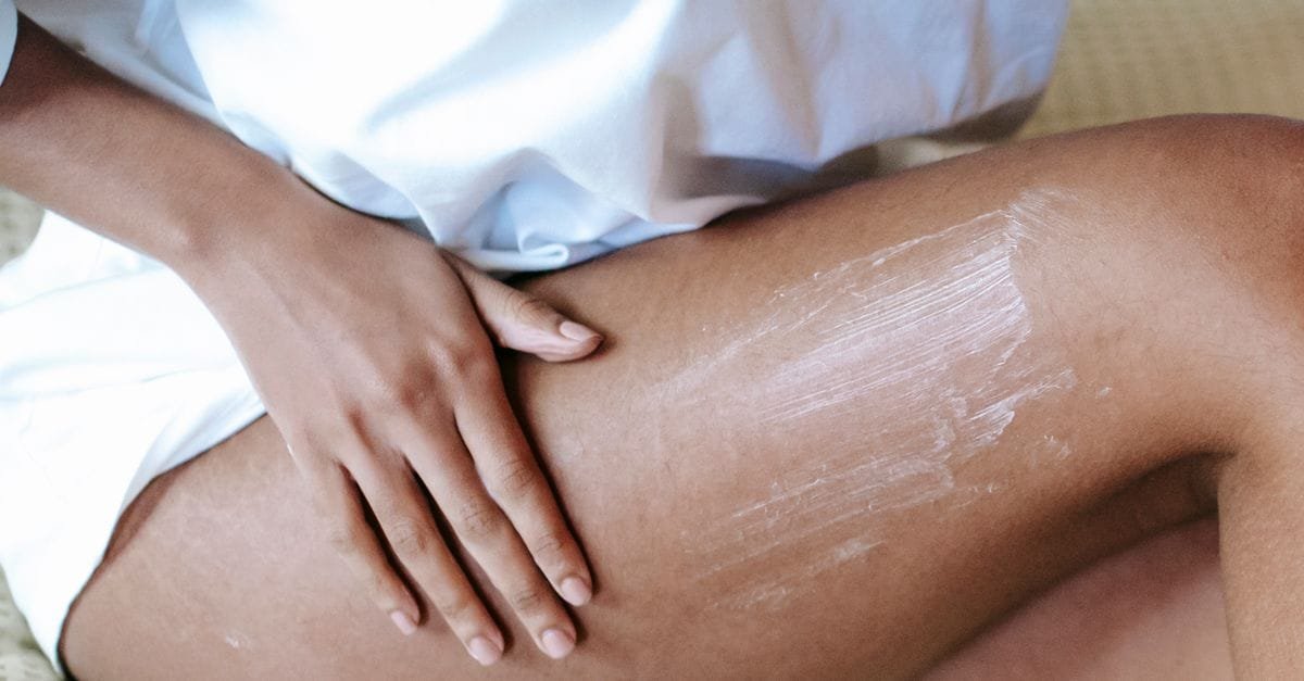 A stripe of lotion on a thigh