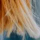 Frayed blonde hair ends against a teal background